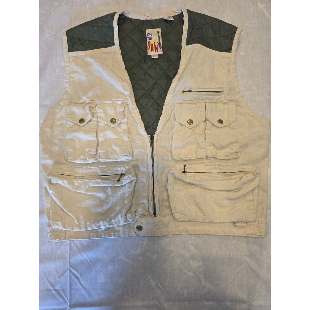 On The Brink 90's Fishing Vest Beige Green M Linen Cotton Pockets RN 81029. 108